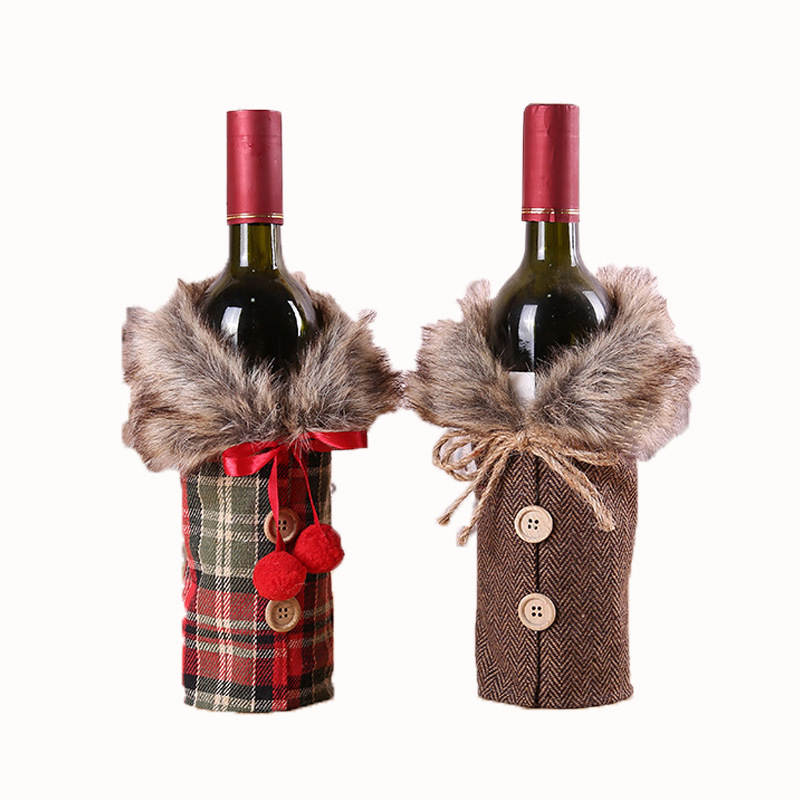 Xmas table festival decorations Gift Bag red christmas wine bottle cover with props bow linen hair collar