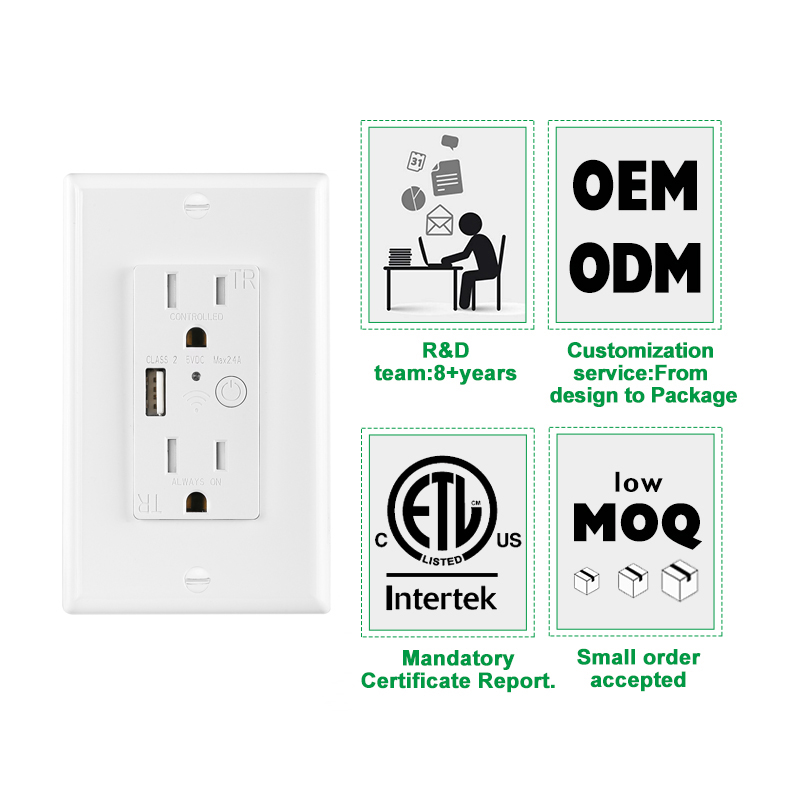 Prise de prise murale USB Wifi intelligente American Standard 125V 15A Sortie USB 2.4A inviolable