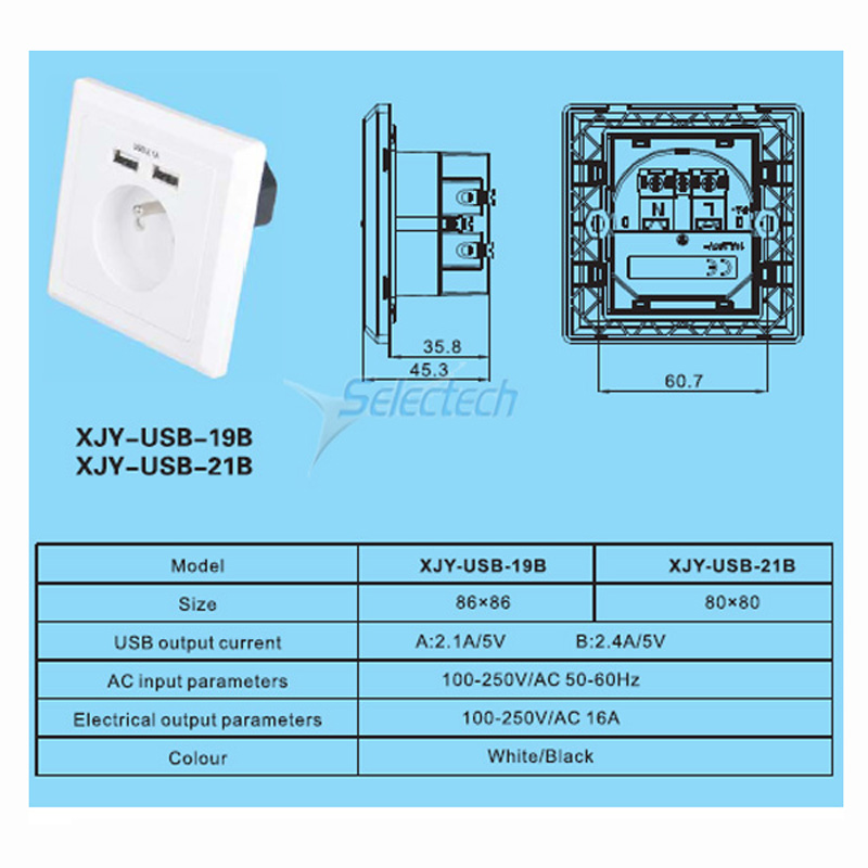 USB-19B Schuko socket 86*86 type French socket Wall plate Dual ports USB Charger