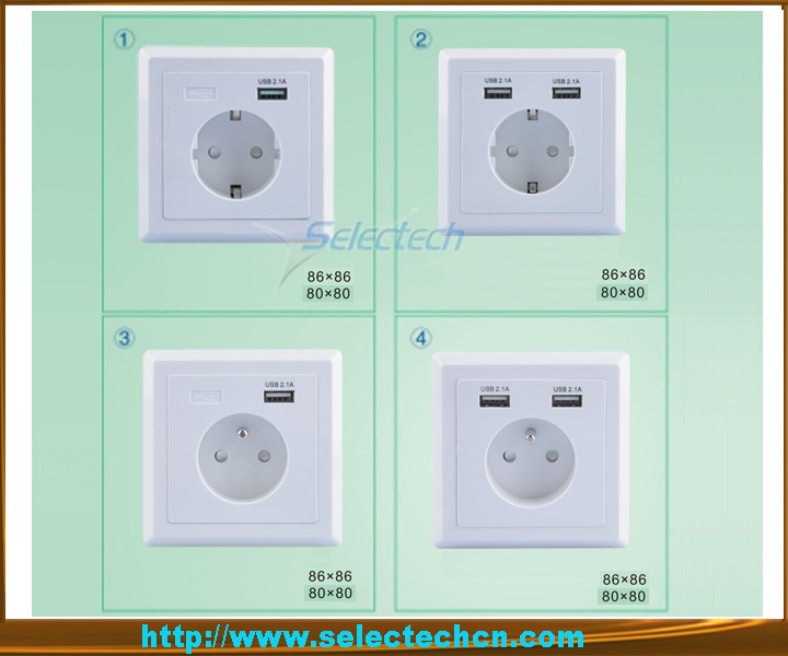 USB-19B Schuko socket 86*86 type French socket Wall plate Dual ports USB Charger