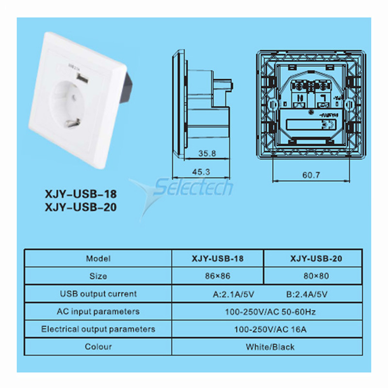 USB-20 Schukoソケット80 * 80型ドイツ式ソケットシングルポートUSBウォールプレート充電器