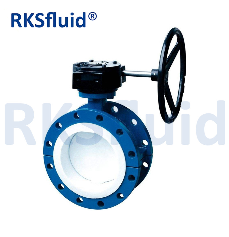 PTFE lined PTFE seat disc worm gear handwheel flange butterfly valve