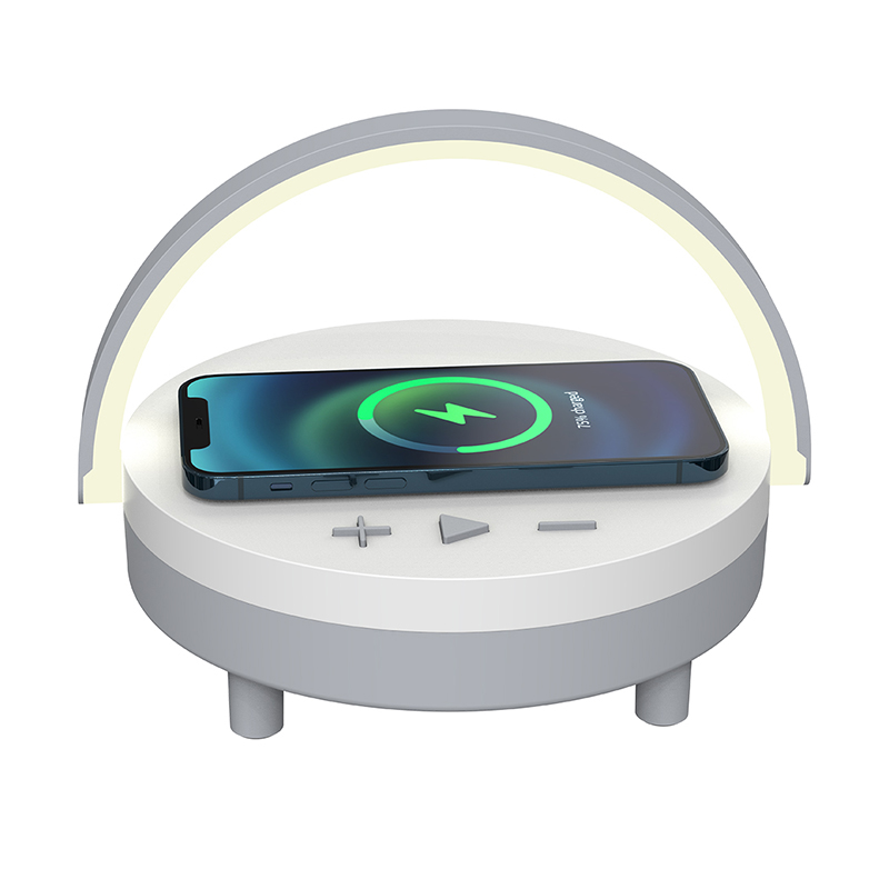 Faltbare Nachttischlampe, kabelloses Ladegerät mit Touch-Nachtlicht und anpassbarem Bluetooth-Lautsprecher aus Holz mit Telefonhalter (MH-Q700)