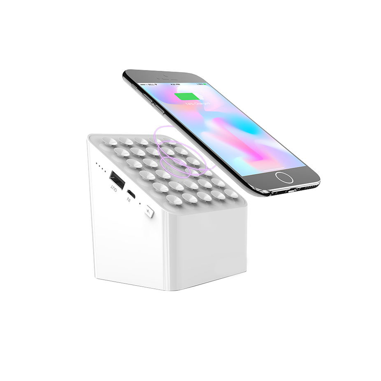 5000mAh 无线充电器移动电源，带吸盘和蓝牙扬声器，带内置麦克风 USB-A 输出，适用于 Qi 兼容设备 (MH-P46)