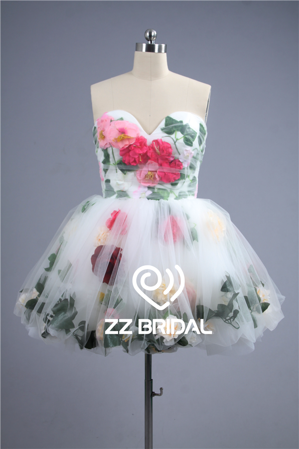 2016 nieuwste trendy onder tule bloemen en bladeren korte avondjurk