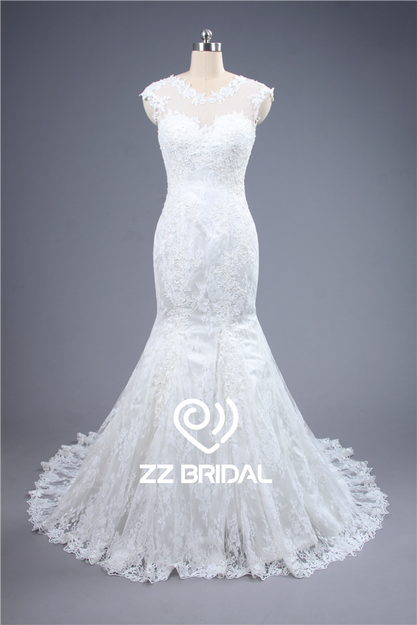 2016 verão de manga cap vestido de noiva ilusão cheia do laço appliqued sereia vestido de noiva