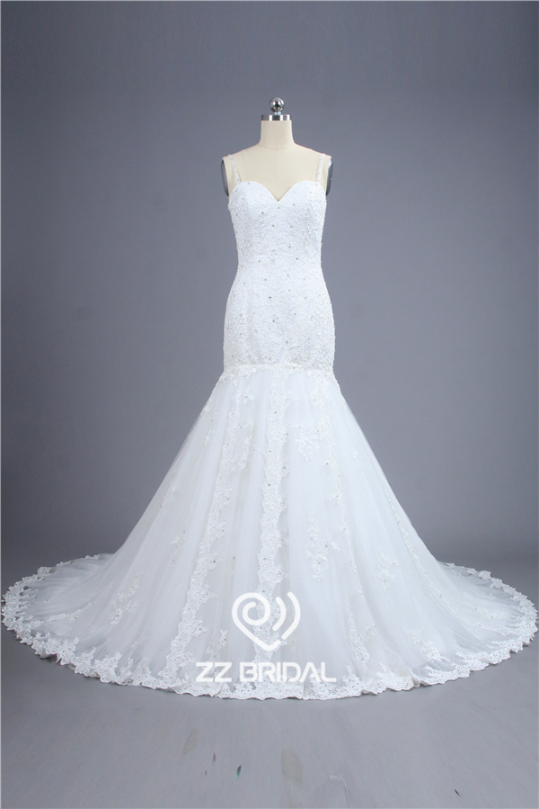 Vestido de boda de la sirena appliqued Actual imágenes correa de espagueti novia de encaje sin espalda cuello