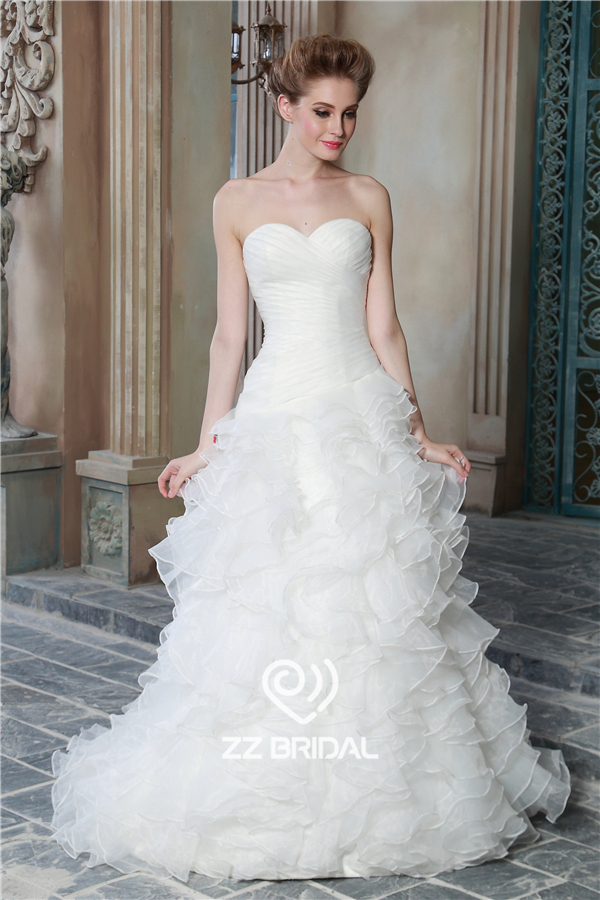 实际图像甜心领口抓褶欧根扎层叠鱼尾婚纱中国