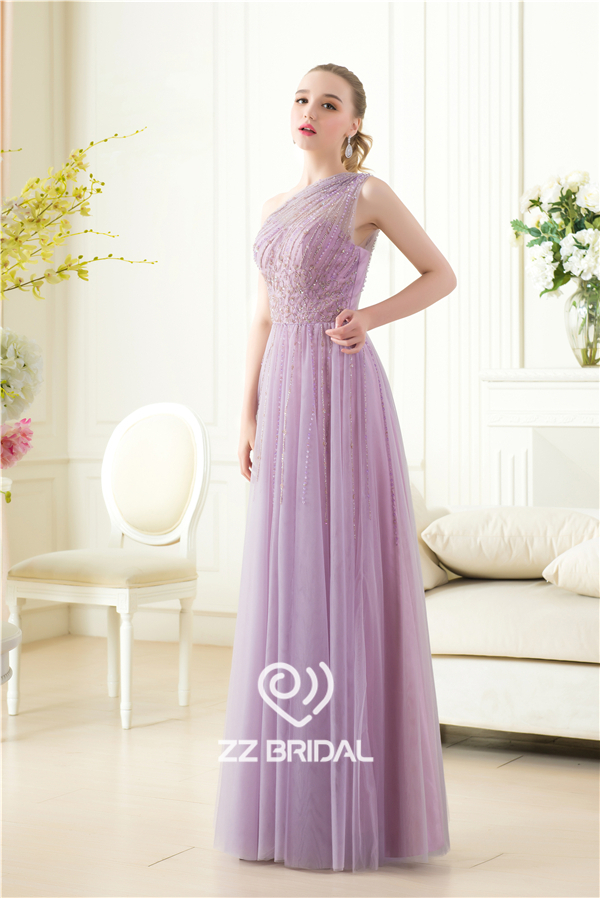 China, la luz violeta de un solo hombro con cuentas de lentejuelas vestido de noche largo de la fábrica