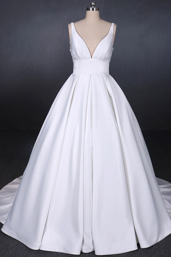 Eleganckie głębokie V Neck Backless Sheer Real Image Proste suknie ślubne Potargane satynowe suknie ślubne