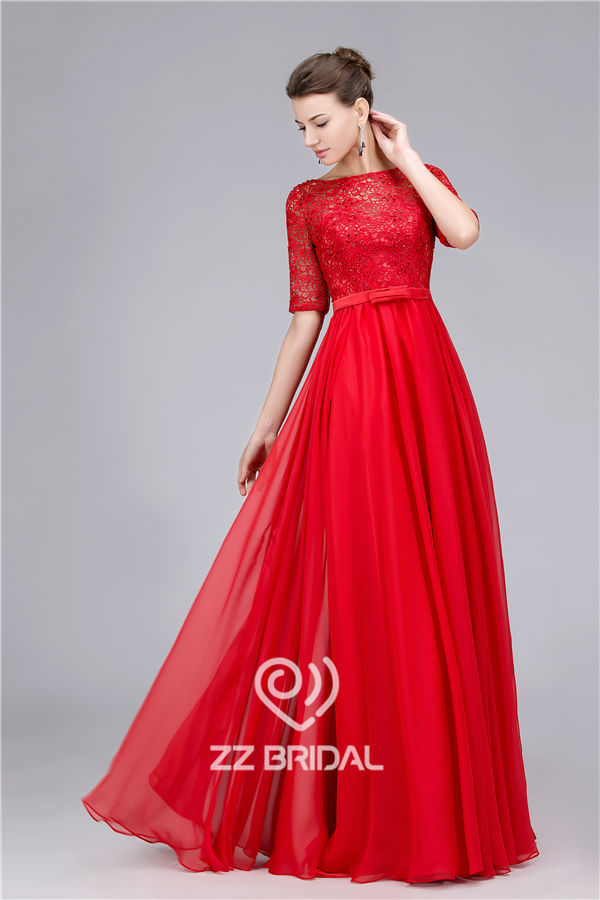 Элегантный бисером гипюр кружева половины рукав красный длинное вечернее платье сделано в Китае