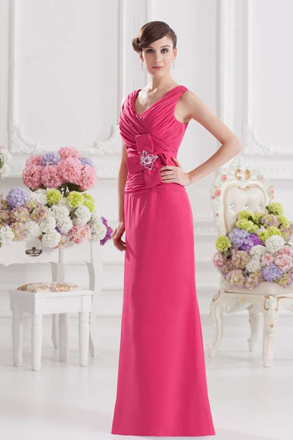 Elegante frisado longo chiffon rosa vestido damas de honra vestido elegante
