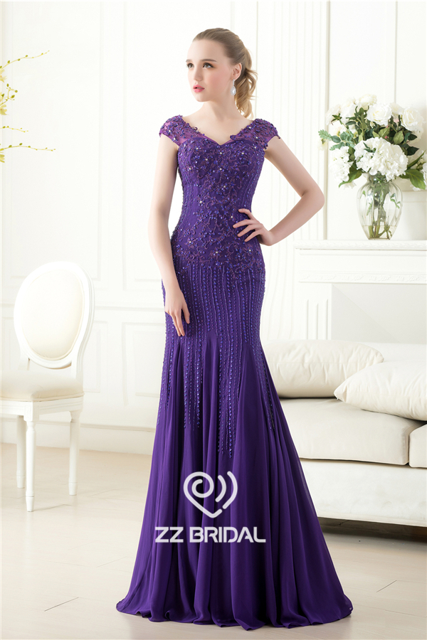 Manga elegante tapa de lentejuelas con cuentas sirena v-back de noche largo púrpura proveedor vestido