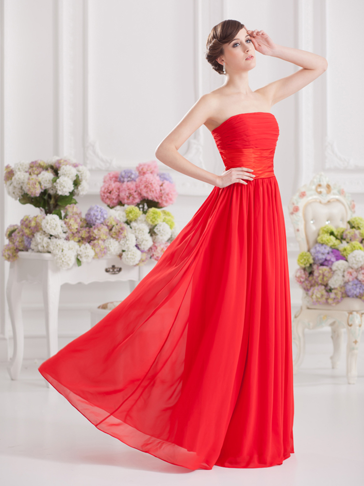 Elegant sleeveless red long chiffon evening dress