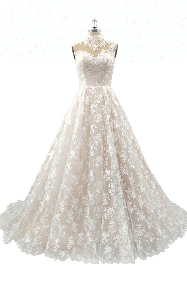 Wysoka Neck Back SeeThrough Layered Organza Spódnica długie Lace Suzhou Wedding Dresses