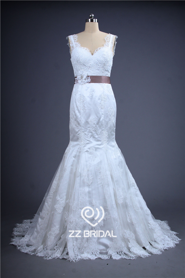 Wysoka zamówienie pasek spaghetti z pasem koronki sukni kwiatów ręcznie bez pleców syrenka ślubu