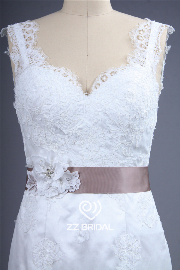 High custom made spaghetti strap with lace backless belt handmade flower mermaid wedding dress