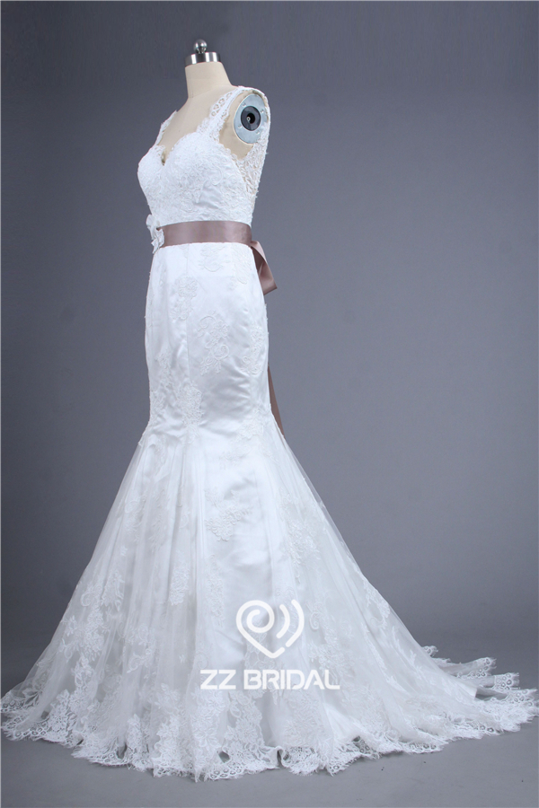 High custom made spaghetti strap with lace backless belt handmade flower mermaid wedding dress
