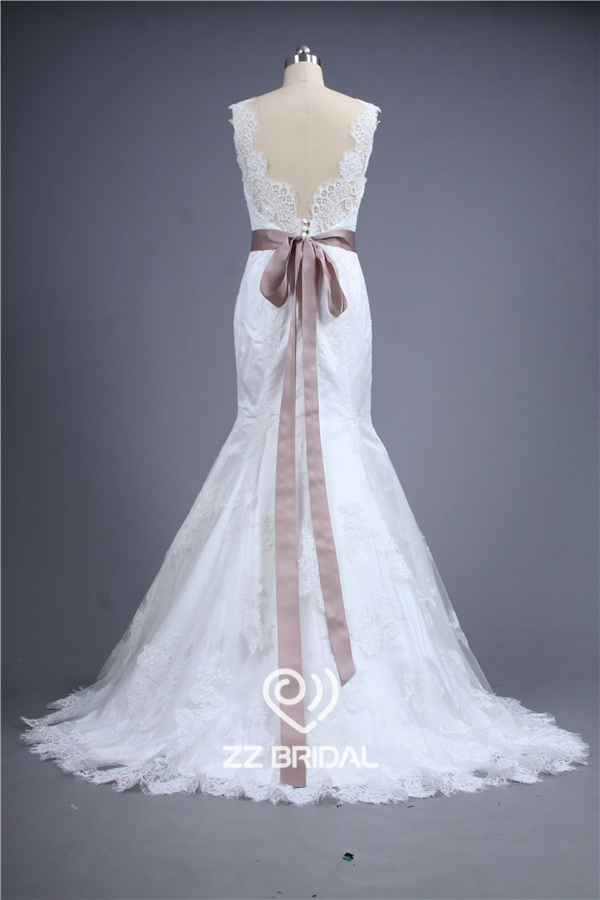 High custom made spaghetti strap with lace backless belt handmade flower mermaid wedding dress
