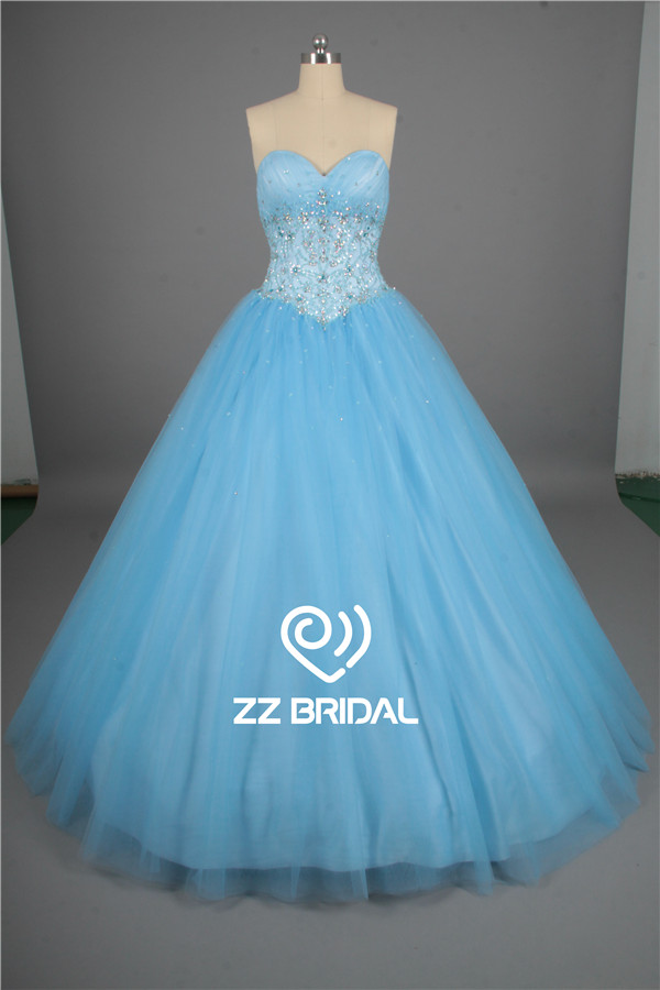 Wysokiej klasy marszczona sukienka dziewczyny stroną koralikami sznurowane niebieski strój quinceanera