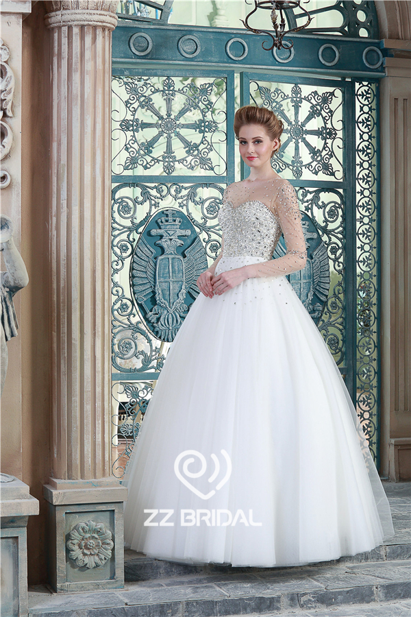 Alta qualità lungo tulle manica paletta neckline diamanti perline fornitore abito da sposa