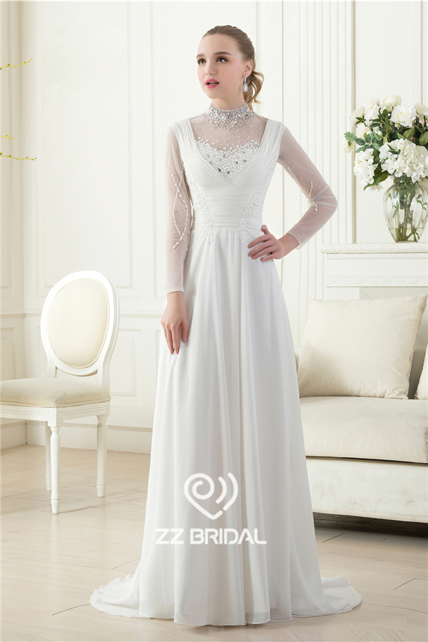 Neuesten Design Langarm wulstige gekräuselte hohen Hals Muslim Chiffon Abendkleid