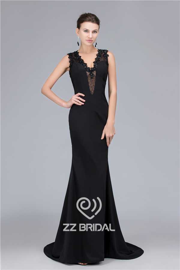 Stile sirena sexy pizzo con scollo a V vedere attraverso il vestito da sera di nuovo 2016