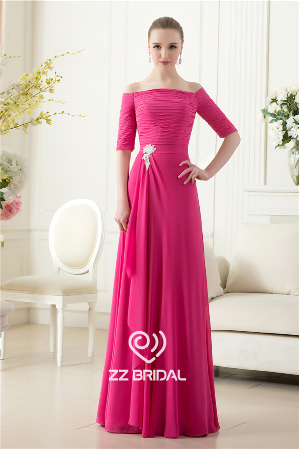 New arrival rose red boat neck half sleeve chiffon long evening gown China