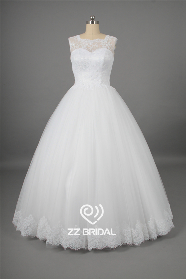 Nueva ilusión inferior de encaje sin mangas de la princesa atrás cabo bola fabricante traje de novia vestido