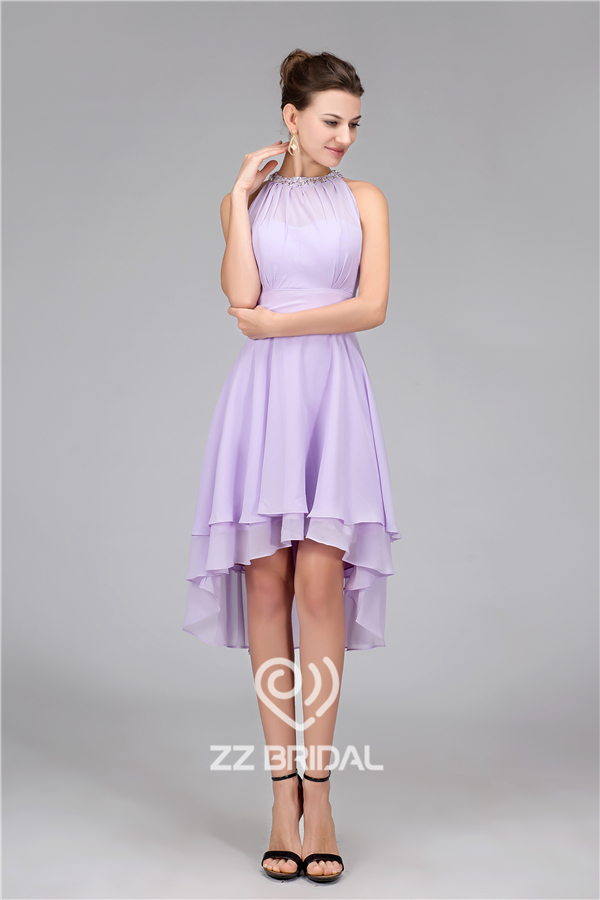 Nowy styl rękawów szyfonu zroszony fioletowy strój kolana wieczorem na imprezie długości