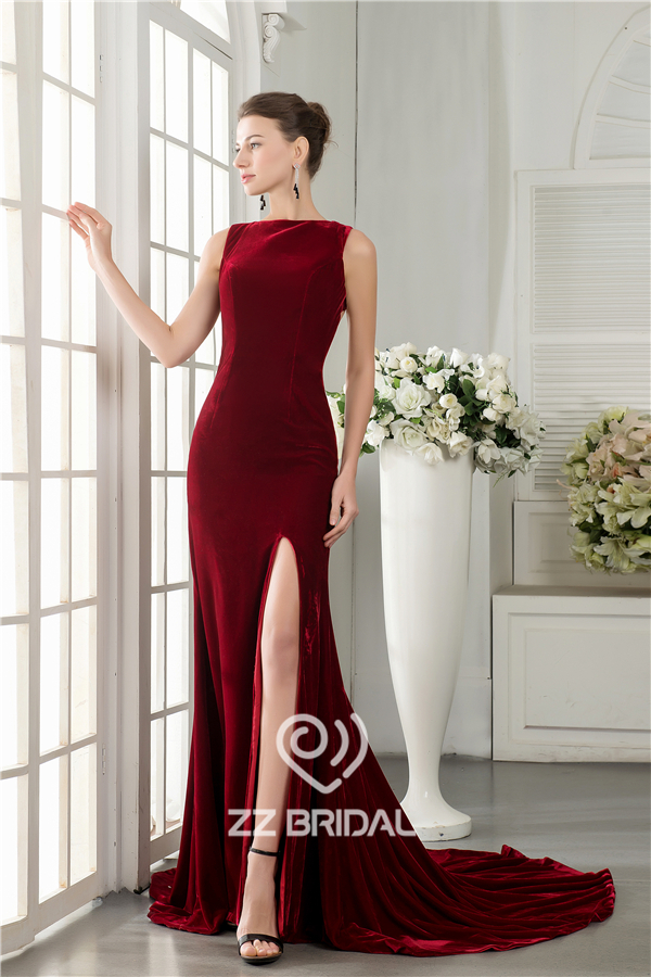 Nowy styl aksamitna rękawów powrotem boczne podzielone syrenka bowknot sukni długi wieczór