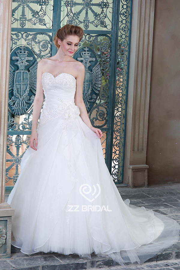 Prywatne zamówienie koralikami suknia ślubna organza potargane z kwiatem ręcznie