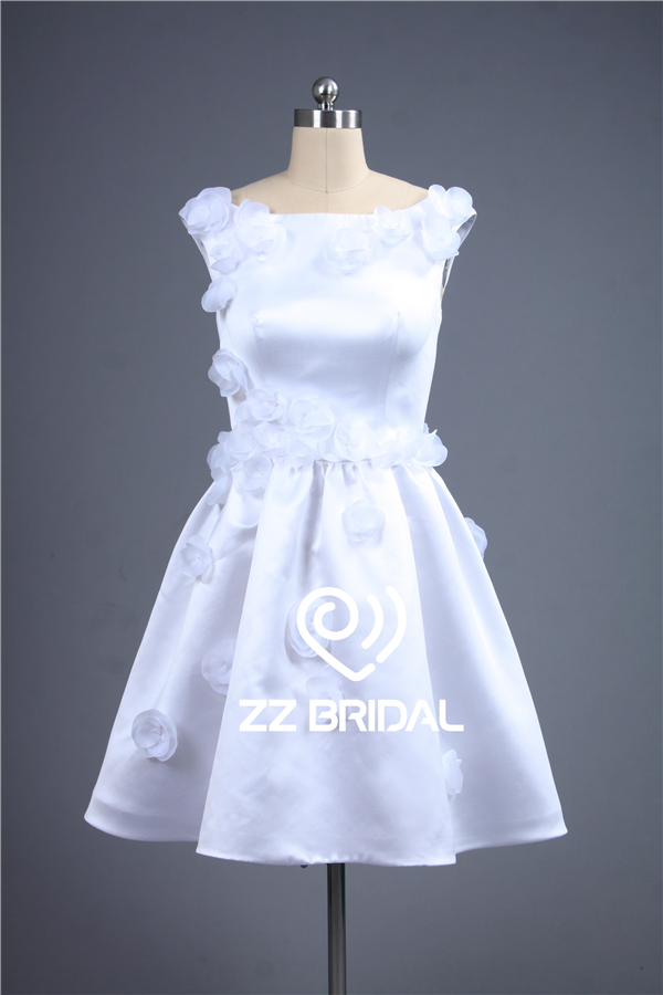 Czysta biała czapka rękaw satyna dekolt ręcznie robione kwiaty miarka krótkim suknia wieczorowa