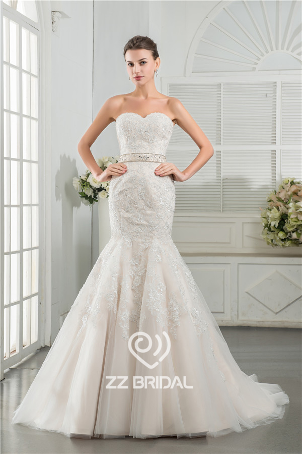 Real images China sweetheart neckline mermaid style beaded lace appliqued wedding dress