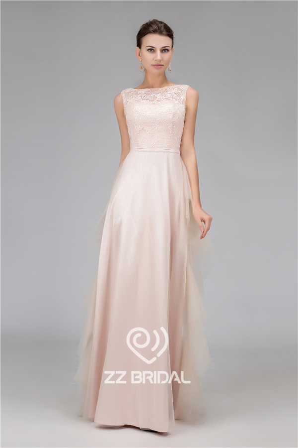 صور حقيقية مطرز مغرفة العنق بلا أكمام الشمبانيا فستان طويل مساء المورد