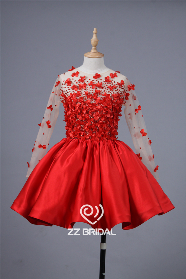 Real pictures long sleeve beaded handmade flowers see through back red short evening dress