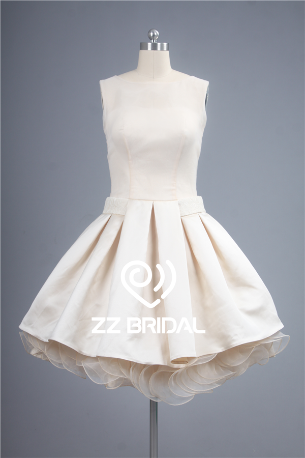 Satin fabric v-back ball gown organza nude short evening gown