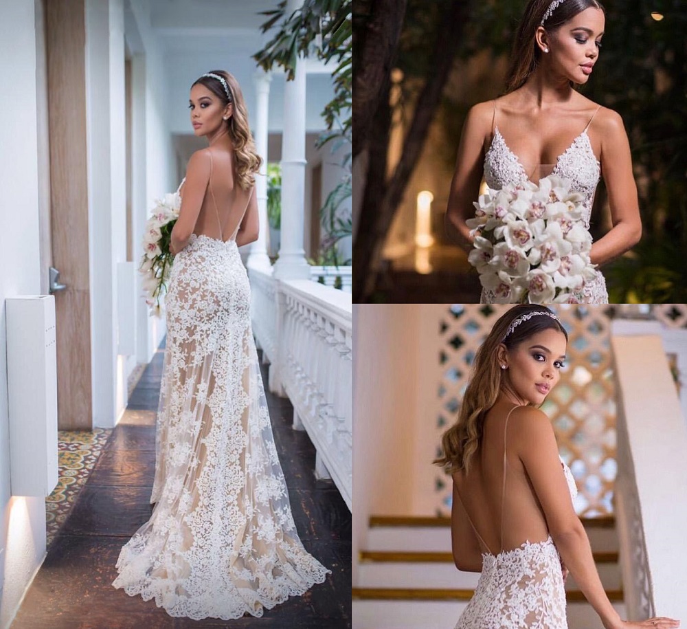 Sexy Spaghetti Strap Lace Robes de mariée occasionnels fabriquent une ligne Robes de mariée