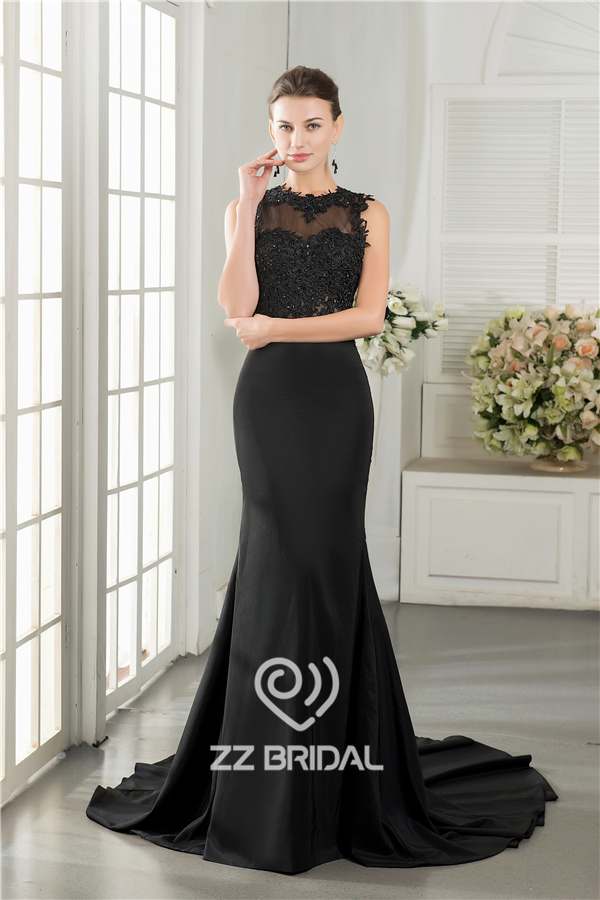 Laço preto appliqued sereia frisado longo vestido de noite de volta Sexy fabricados na China