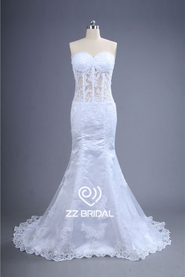 Sexy vedere attraverso corsetto e indietro scollo a cuore bordato sirena produttore abito da sposa