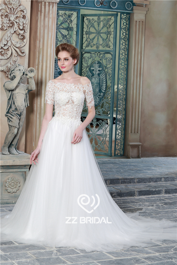 Сексуальная видеть сквозь стиле короткий рукав от плеча кружева аппликация-Line свадебное платье Китай