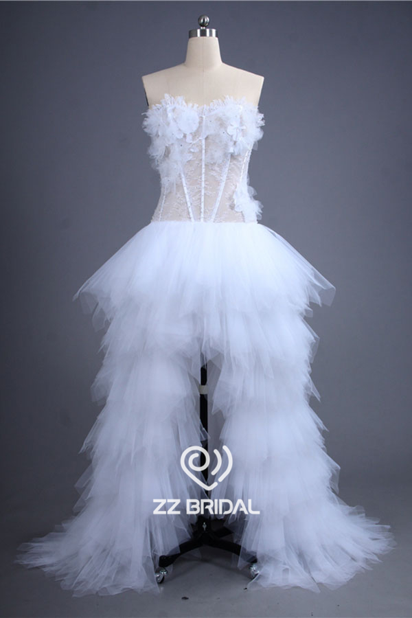 الجبهة قصيرة طويلة مثير انظر مرة أخرى من خلال الزهور المصنوعة يدويا حبيبته العنق ثوب الزفاف