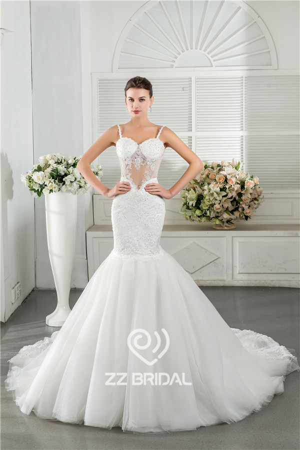 Sexy spaghetti strap sweetheart neckline see-through mermaid bridal dress supplier