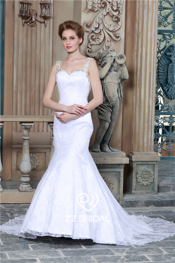 性感风格缝珠肩带蕾丝露背鱼尾拖尾婚纱中国