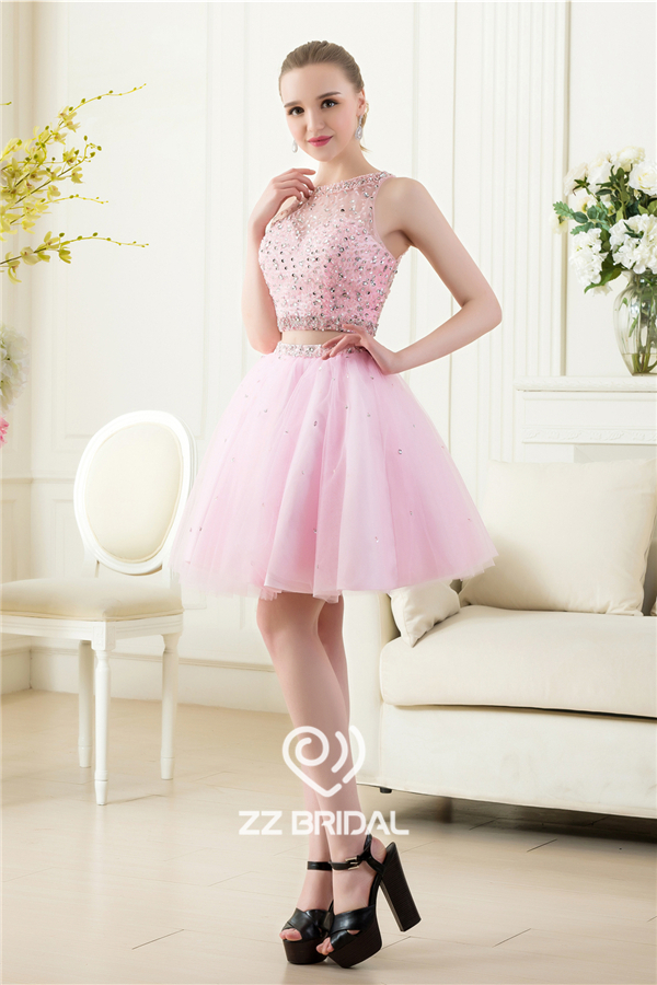 Sexy dwa kawałki koralikami backless rękawów różowy strój koktajl made in China