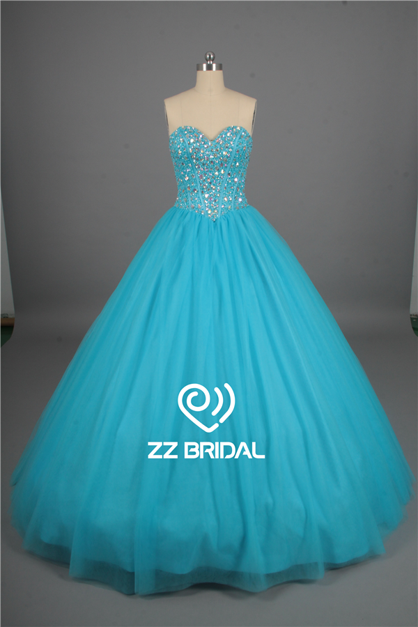 Dekolt Sweetheart gorset koralikami koronki pełne-up niebieski strój quinceanera