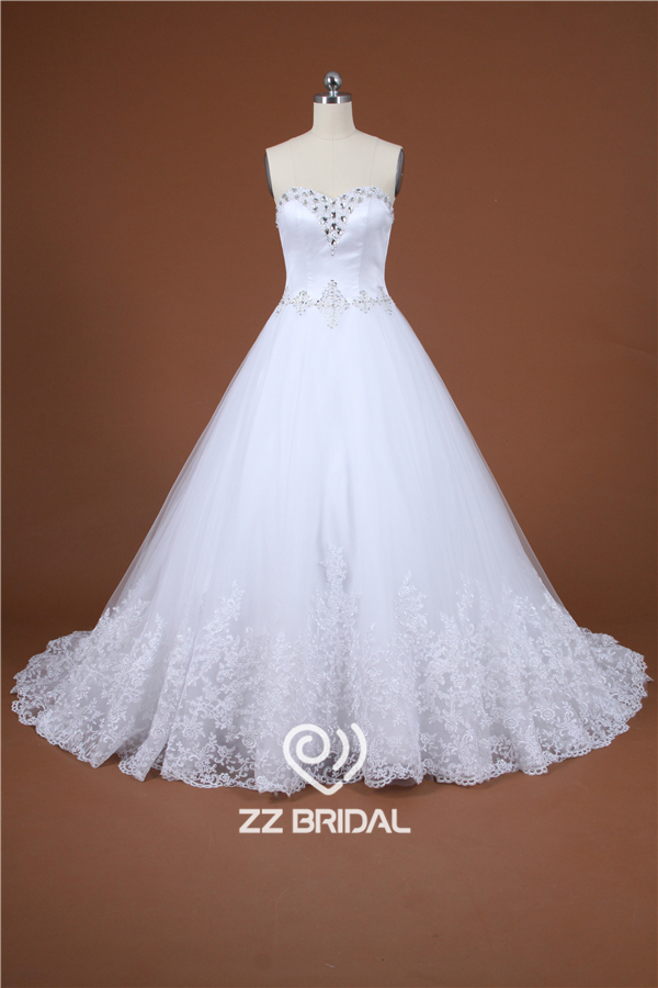 Top kant geappliceerd kralen lieverd hals gele lace-up A-lijn bruids jurk