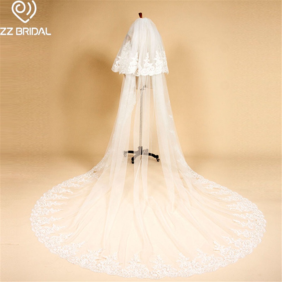 ZZ nupcial de marfil de encaje de dos capas de borde nupcial velo de novia con peine
