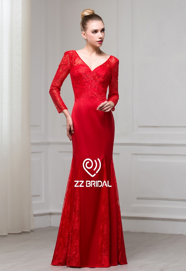 ZZ nupcial 2017 v-cuello y v-back de encaje apliques rojo vestido de noche