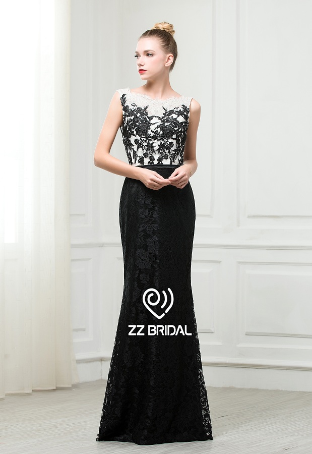ZZ nupcial 2017 barco cuello y V-back encaje apliques Vestido de noche negro